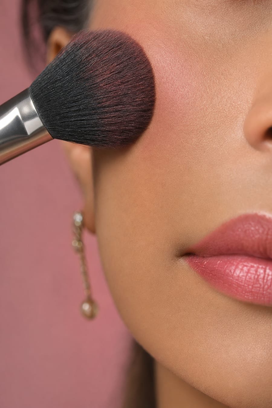 A soft blush brush sweeping colour across a cheek