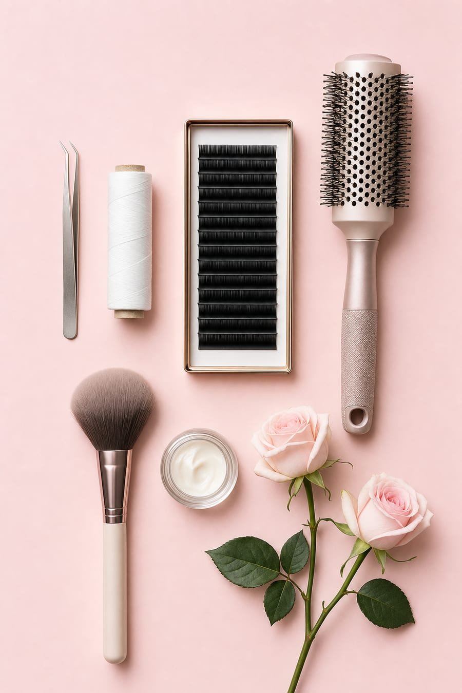 Salon tools and roses laid out on a blush background