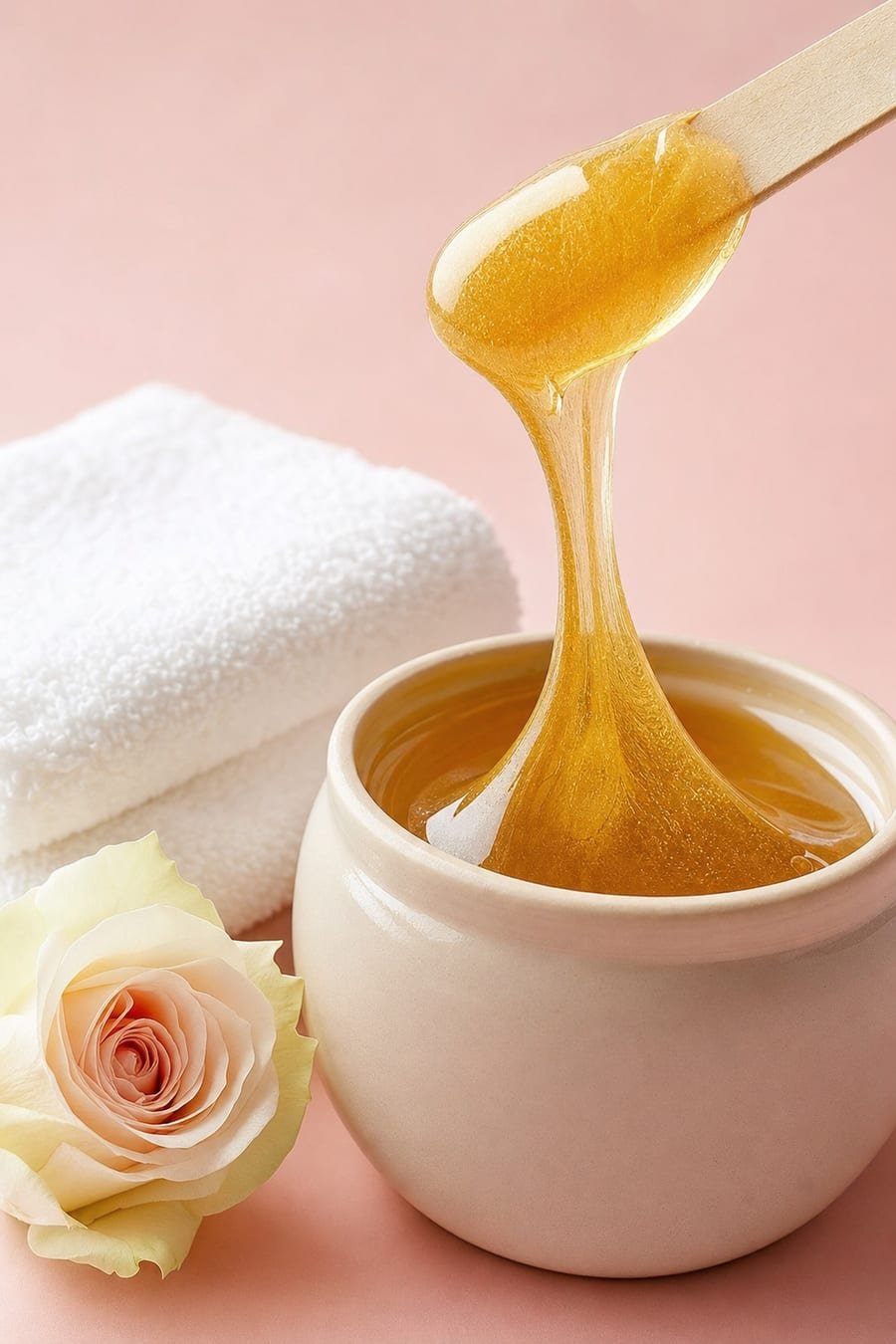 Warm honey wax lifted on a wooden spatula beside a folded towel