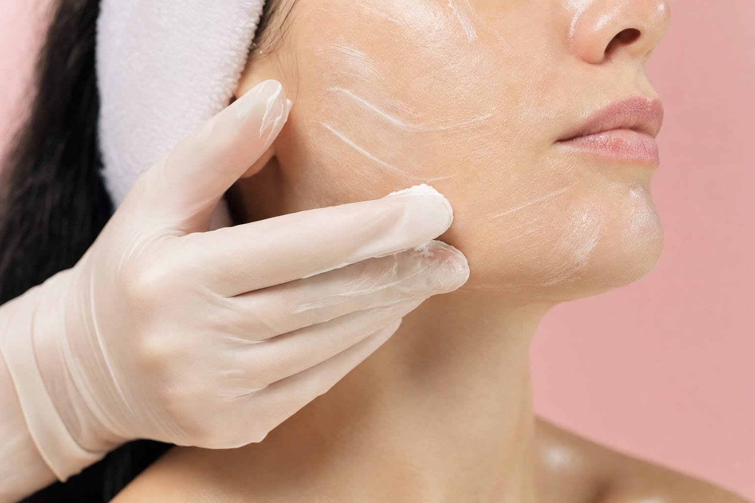 A hydrating facial mask being smoothed across a cheek