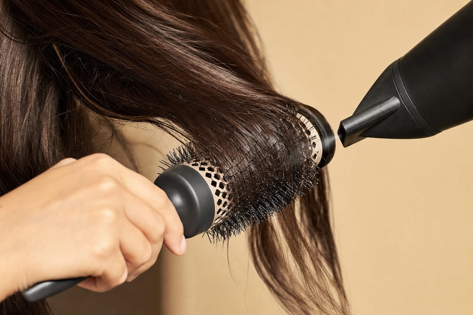 A round brush guiding glossy dark hair through a blow-dry