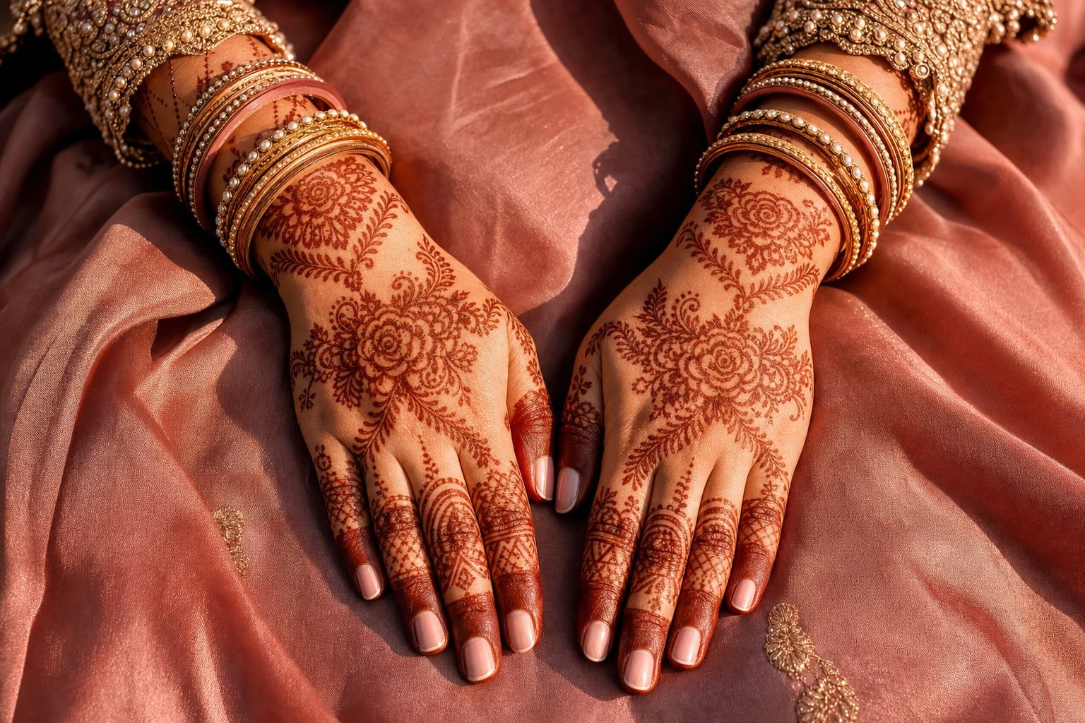 A bride's hands covered in fresh bridal henna, resting on rose silk