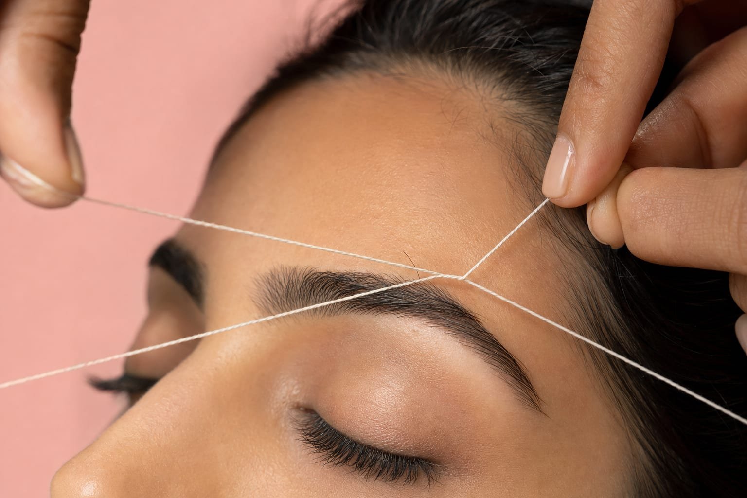 Eyebrow threading in progress, a twisted cotton thread lifting a single brow hair