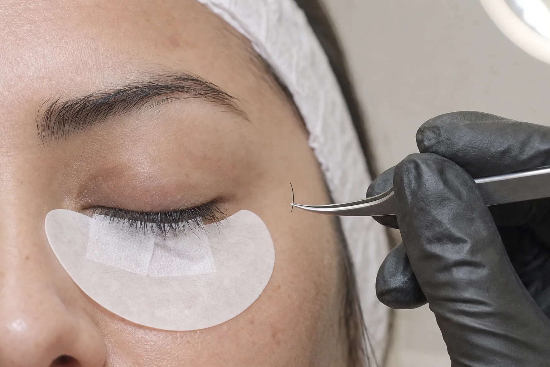 A single lash extension being placed onto a closed eye with fine tweezers